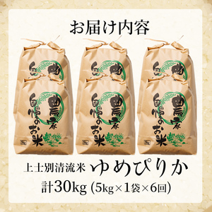 【E7109】《定期便・全6回》上士別清流米 ゆめぴりか (5kg×6回・計30kg) 米 お米 精米 白米 北海道米 ごはん ゆめぴりか 北海道産 士別産 5kg 30kg 定期便 【合同会社T&M