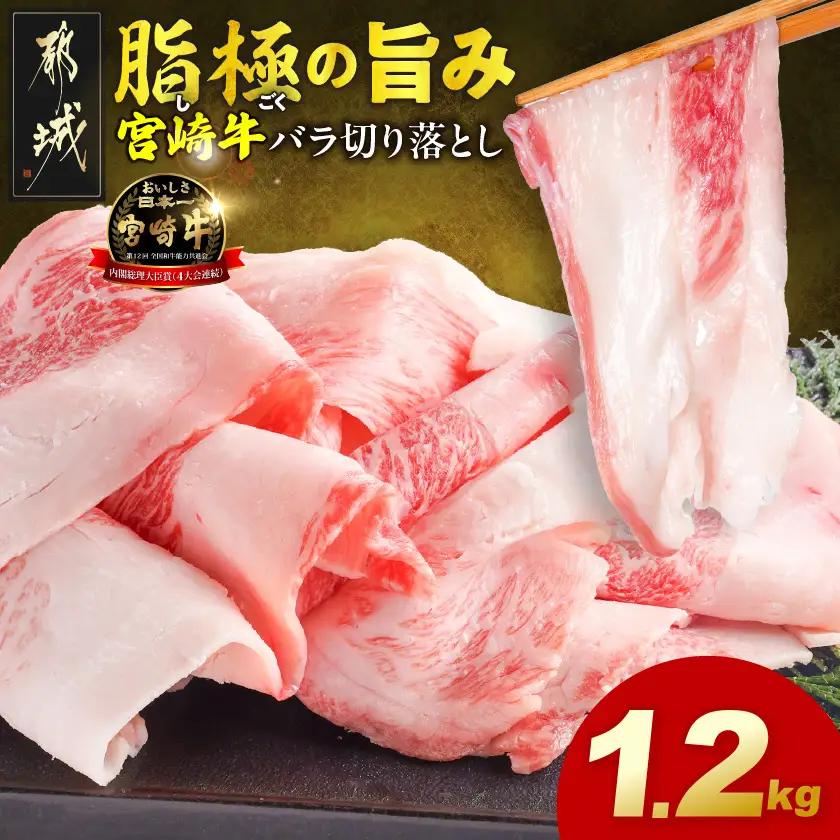 宮崎牛バラ切り落とし1.2kg〔12-N2-019-1200g〕_(都城市)  宮崎牛 牛肉 宮崎県産 国産 黒毛和牛 バラ肉 バラ きりおとし 300g 小分けパック 煮込み 炒め物 牛丼 カレー 肉じゃが 肉豆腐高級 とろける ミヤチク