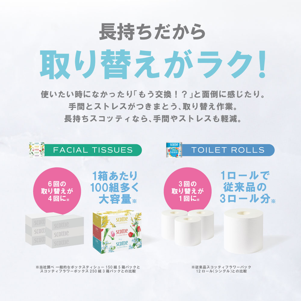 【定期便6回】【毎月お届け】【スコッティ】 ティシュー フラワーボックス 250組（5箱パック×2セット）＋フラワーパック 3倍長持ち（4ロール（シングル）パック ×6セット） _イメージ3