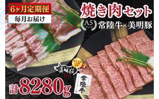 【6ヶ月定期便】【常陸牛 A5ランク・美明豚焼肉セット】常陸牛カルビ780ｇ＋美明豚600ｇ（ロース300ｇ・ばら300ｇ） 冷凍 国産牛 和牛 牛肉 豚肉　ブランド豚 茨城県 水戸市 食べ比べ セット商品 国産 BBQ 老舗精肉店（EK-24_2）