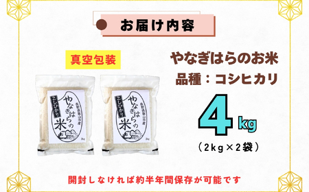 【先行予約】＜令和7年産新米＞特別栽培米 「やなぎはらの米 こしひかり 」4㎏（真空包装） (7-67) 長野県 飯山市 おすすめ ランキング 高評価 大人気 ギフト 米 お米