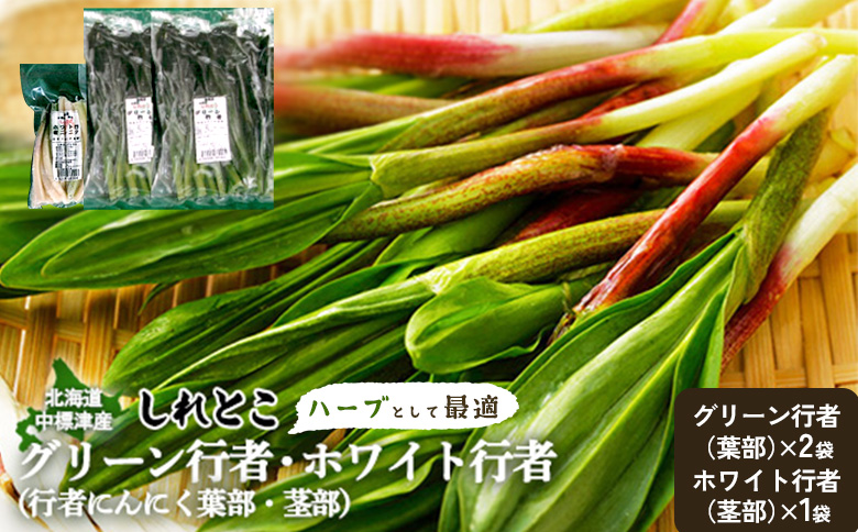 【ハーブとして最適】行者にんにく3袋（葉部・茎部）グリーン行者×2袋 ホワイト行者×1袋 | オンライン 申請 ふるさと納税 北海道 中標津 ハーブ 香草 行者ニンニク にんにくの芽 長期保存 山菜 山の幸 野菜 疲労回復 健康効果 長寿 体力増強 ダイエット効果 焼肉 卵とじ トッピング おひたし お取り寄せ 北海道 中標津町 中標津【20019】