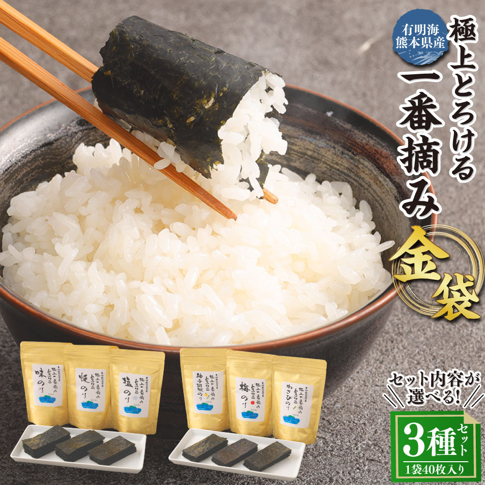 【ふるさと納税】＜選べるセット内容＞有明海熊本産 極上とろける一番摘み 金袋 3種セット 焼きのり・味のり・塩のり 柚子胡椒のり・梅のり・わさびのり 計120枚（40枚入×3袋） 各1袋 海苔 のり 味付け海苔 味付海苔 味つけのり 味海苔 おにぎり