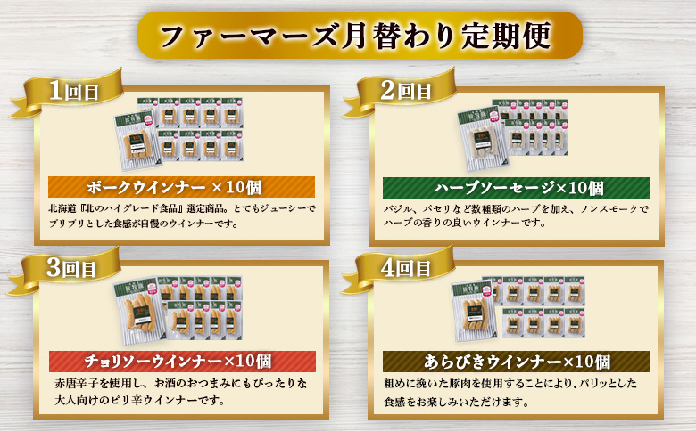 【定期便：4回】《毎月違うのが届く！》北海道産放牧豚 無添加ウインナー・ソーセージ定期便（4種各10個）【120102】_イメージ4