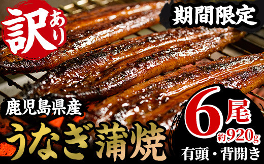 【訳あり】 数量限定 国産 鹿児島県産 うなぎ蒲焼 6尾 合計約920g超え！ 鰻養殖生産量日本一 鹿児島県産新仔うなぎ使用 こだわりの地焼き！ 冷凍うなぎ 秘伝のタレ 付き うな重 うな丼 きざみ鰻 うなぎのせいろ蒸し弁当にもオススメ！＜60日以内配送＞【南竹鰻加工】【C-223H】