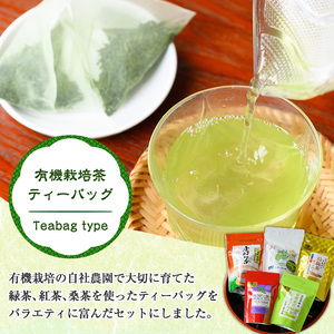 No.1201 ＜ティーバッグ＞日置市の有機栽培茶(5種・合計98P) 国産 九州 お茶 茶葉 日本茶 緑茶 ウーロン茶 烏龍茶 桑茶 べにふうき 紅茶 ほうじ茶 焙じ茶 ティーバッグ 水出し 飲み比