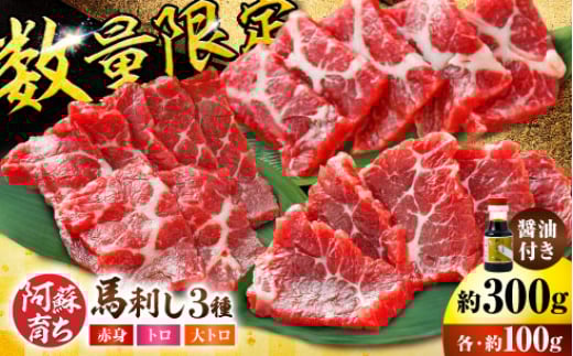 【数量限定】阿蘇馬 馬刺し3種霜降り入（赤身・大トロ・トロ）約300g（専用醤油付き 150ml×1本）【阿蘇牧場】 [AYBX072]