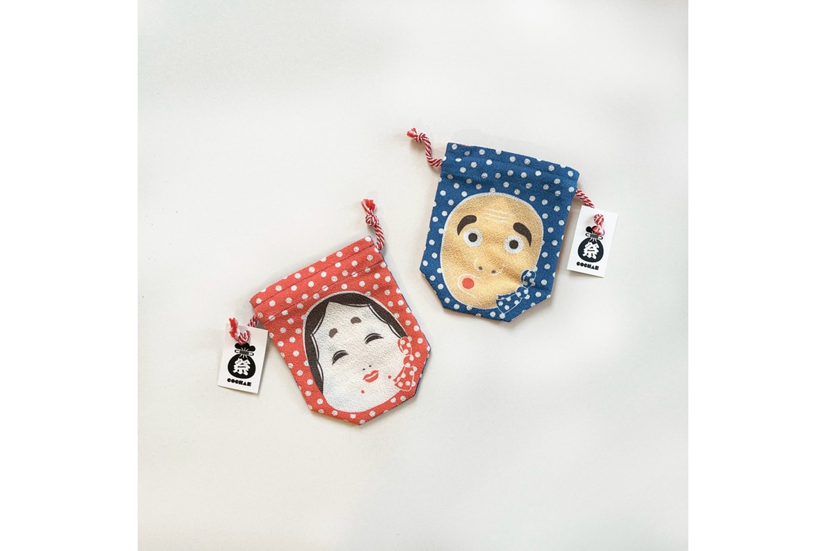 丹後ちりめん 祭巾着（ひょっとこおかめ） サイズ：約17cm×13cm