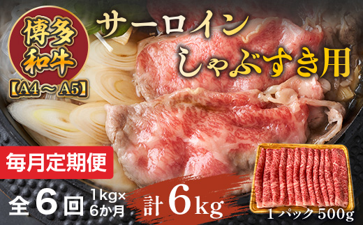 【毎月定期便】【A4〜A5】博多和牛サーロインしゃぶすき用 1kg 全6回　AO072