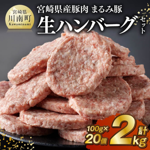 宮崎県産豚肉 「まるみ豚」 生ハンバーグセット計2kg（100g×20個） 【 肉 豚肉 国産 ハンバ—グ 弁当 おかず お手軽 真空パック 九州産 宮崎県産 川南町産 送料無料 】