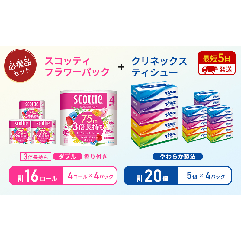 【 岩沼市オリジナル 】ティッシュ クリネックス 5箱入 × 4パック トイレットペーパー ダブル スコッティ 3倍長持ち 4ロール入 × 4パック フラワーパック 香り付き