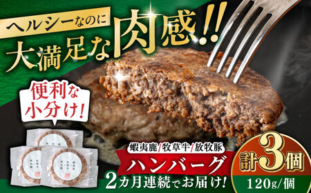 【全2回定期便】 【蝦夷鹿×牧草牛×放牧豚】ハンバーグ 3個 【GOODGOOD株式会社】 ハンバーグ 鹿肉 牛肉 豚肉 小分け 冷凍配送 北海道 [AXBP014]