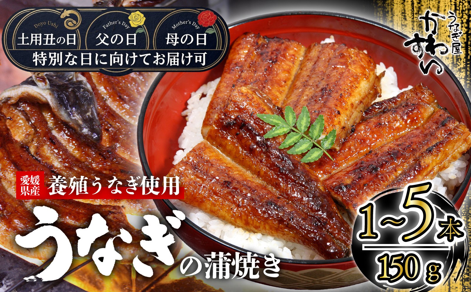 
                  【土用丑の日/父の日/母の日お届け可能！】〈うなぎ屋かわすい〉愛媛県松山市養殖うなぎを使用！うなぎ蒲焼 1本～5本 (1尾：150～169g)  【容量選択可】｜うなぎ ウナギ 鰻 蒲焼き 国産 お取り寄せ グルメ ふるさと納税  簡単調理 土用丑の日 ギフト 贈り物 お中元 お歳暮 母の日 父の日  かわすい 川口水産 愛媛県 松山市
                