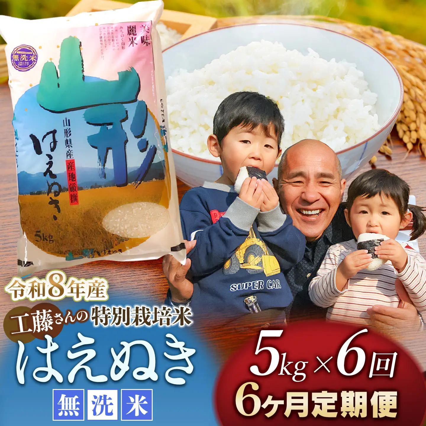 【令和8年産 新米】【6ヶ月定期便】工藤さんの特別栽培米 はえぬき無洗米 5kg ×6回（計30kg） 山形県鶴岡市　株式会社サンエイファーム