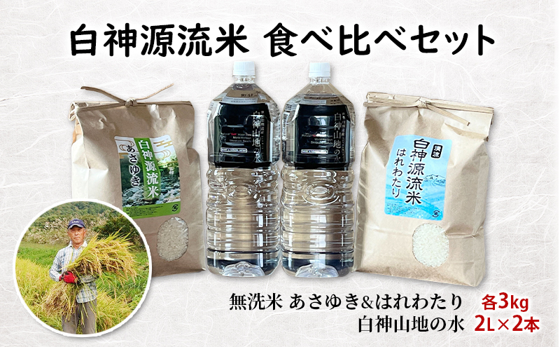 
            白神源流米 食べ比べセット あさゆき はれわたり 無洗米 各3kg & 白神山地の水 2L × 2本 セット
          