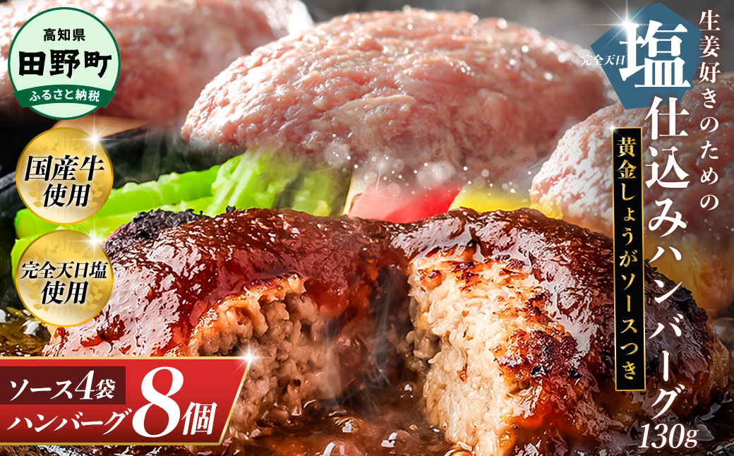 塩仕込みハンバーグ 8個入り 黄金しょうがソース付 4袋 美鮮豚 びせんとん 生姜 田野屋青蜂 白鯆 完全天日塩 肉 お肉 国産牛 四万十ポーク おかず 惣菜 ジューシー おいしい 洋食 お取り寄せ 冷凍 配送 高知県 田野町