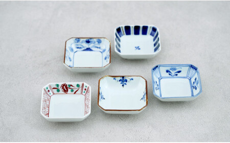 皓洋窯 有田焼 隅切小皿絵変わり5点セット 5枚 正方形 取り皿 食器 うつわ 器 ギフト 贈り物 35000円 3.5万円 A35-405