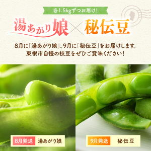 【2026年 全2回 枝豆定期便】 「湯あがり娘」と「秘伝豆」 各1.5kg よってけポポラ提供 hi003-164 （枝豆 えだまめ 湯あがり娘 秘伝豆 250g×12袋 食べ比べ 定期便 セット 