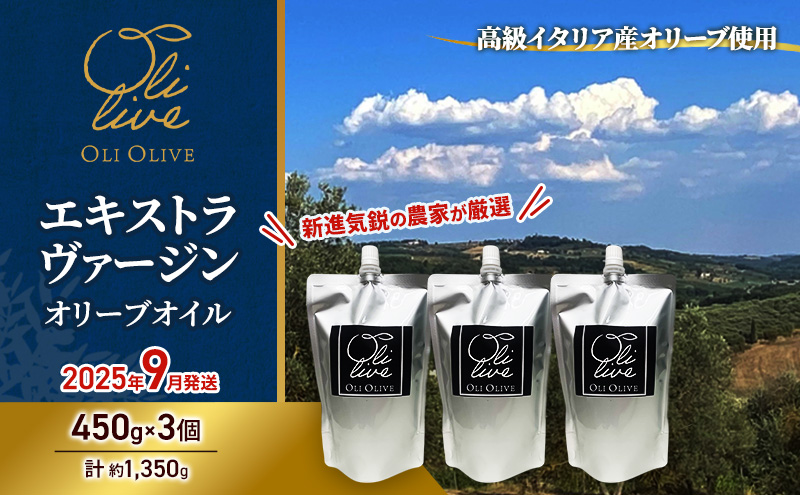 高級イタリア産 エキストラ・ヴァージン・オリーブオイル 450g×3個【2025年9月中旬より順次発送】調味料 油 オリーブ油 食用油 静岡県 袋井市