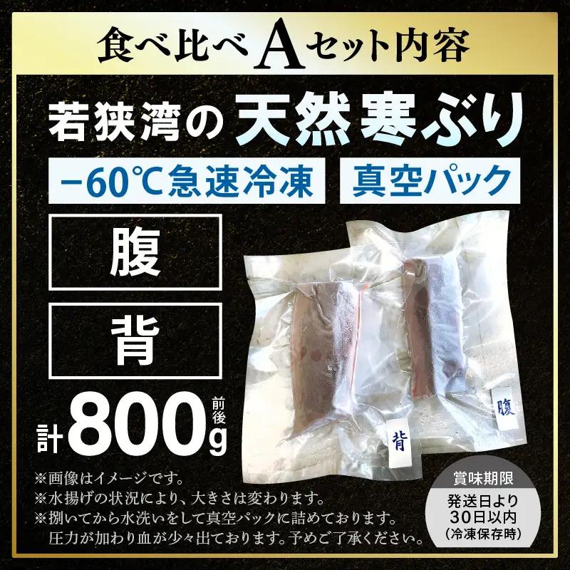 【先行予約】若狭・日向の天然寒ブリ 脂たっぷり 部位ごと食べ比べ  Aセット（腹＋背 計800g前後）【2026年12月下旬以降順次発送】寒ぶり [m17-e004]