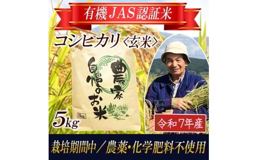 コシヒカリ 玄米 5kg 有機JAS認証米 栽培期間中農薬不使用 令和7年産米 山形県酒田産 東北 山形県 酒田市 庄内地方 庄内平野 庄内米 有機栽培 オーガニック JAS 自然食品店HACHI　SB0855