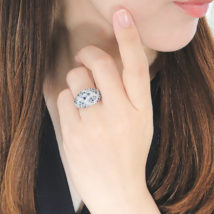 指輪 プラチナ リング PT900 ダイヤモンド 0.3ct パヴェ マルチカラー 青系 レディース ゴージャス ボリューム 幅広 贅沢 Pave ステンドグラス ジュエリー 【f295-b-pt】 