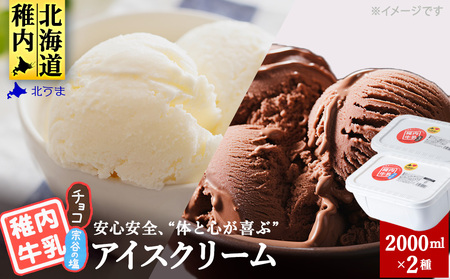 【業務用】稚内牛乳アイスクリーム2000ml宗谷の塩×チョコ2個セット【配送不可地域：離島・沖縄県】