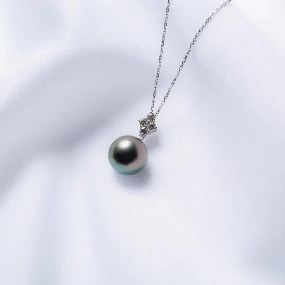 【星彩】ブラックパール（タヒチ 黒蝶真珠） 10mm セミラウンド ダイヤモンド K18 ホワイトゴールド ペンダントトップ