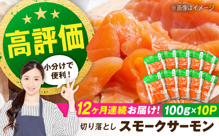 
                  【全12回定期便】サーモン 鮭 スモークサーモン  （切り落とし）100ｇ×10パック 滋賀県長浜市/株式会社中村屋[AQAJ040]  サーモン 鮭 スモークサーモン スモークサーモン 鮭 燻製 刺身 お取り寄せ グルメ 贅沢 魚介類 前菜 おつまみ 高級 サラダ シーフード クリームチーズ サンドイッチ 海鮮セット パーティー用 人気 プレゼント ギフト 贈答
                