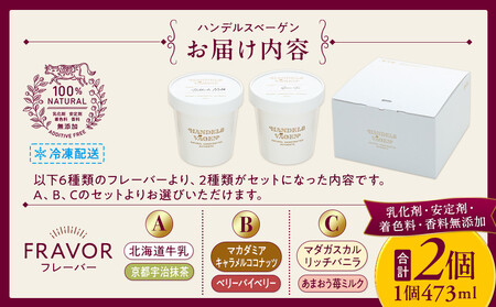 A:ハンデルスベーゲン無添加アイスクリーム/たっぷり入ったパイントサイズ2個入り（マダガスカルリッチバニラ・京都宇治抹茶）