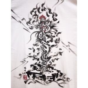 手描きTシャツ 仏画 倶利伽羅不動 白 (半袖 XLサイズ)【1615007】