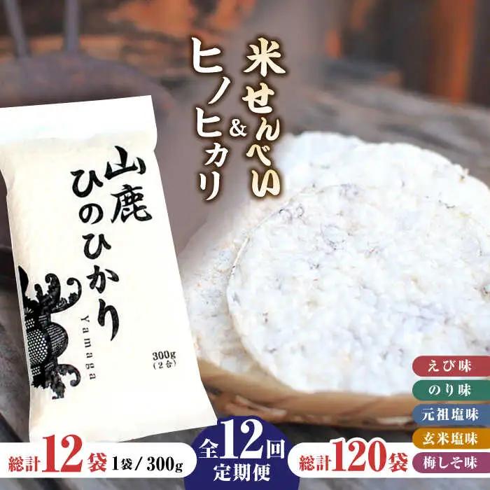 【12回定期便】【こだわり抜いた厳選素材】米せんべい（えび味、のり味、元祖塩味、玄米塩味、梅しそ味） &amp; ヒノヒカリ のセット 【せんべい工房】[ZBQ005]