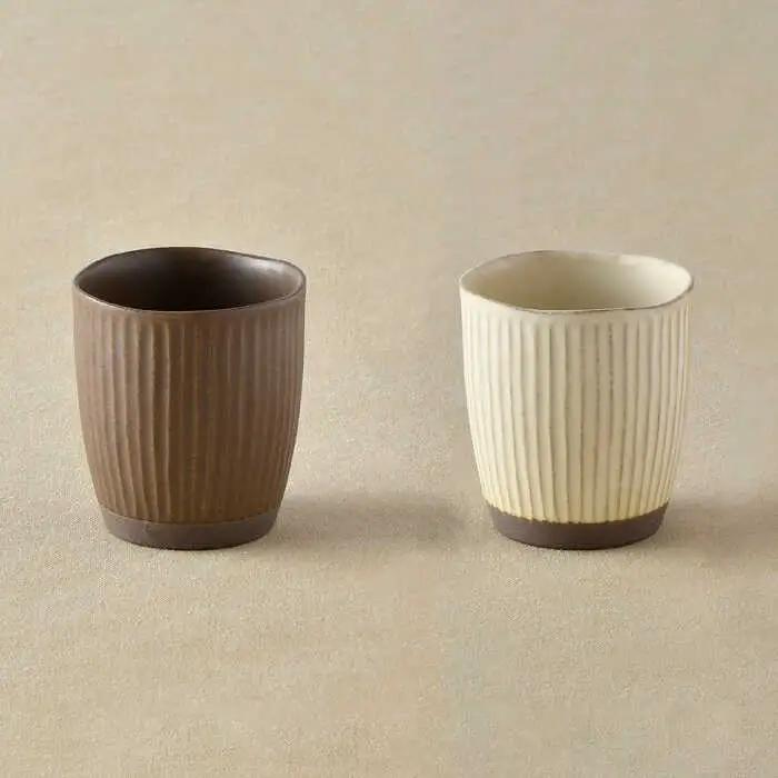 【波佐見焼】しのぎ 茶碗 ・ 湯呑み セット 窯変 マット調 ブラウン・ベージュ 食器 陶器 【トーエー】 [QC36] 波佐見焼