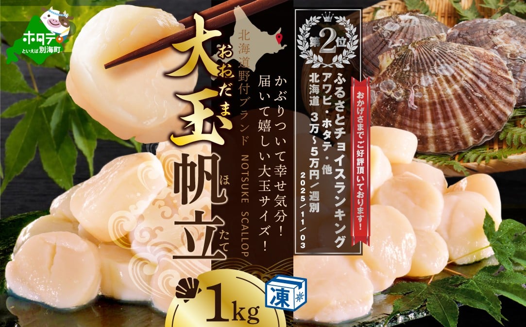 
            ランキング第2位獲得！ 北海道 野付産 冷凍ホタテ 貝柱 大玉ホタテ1ｋｇ（ ほたて ホタテ 帆立 貝柱 野付 大粒  訳あり ふるさとチョイス ふるさと納税 仕組み キャンペーン 限度額 計算 ランキング やり方 シミュレーション チョイス チョイスマイル ）
          