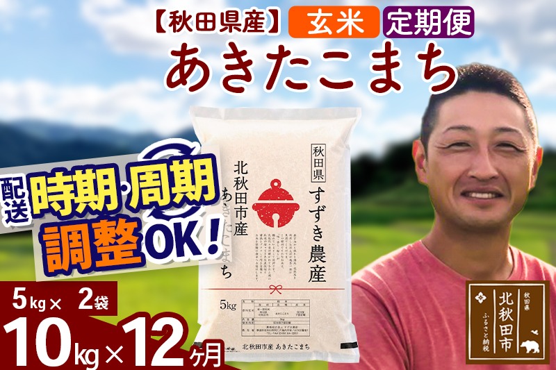 ※令和7年産※《定期便12ヶ月》秋田県産 あきたこまち 10kg【玄米】(5kg小分け袋) 2025年産 お届け時期選べる お届け周期調整可能 隔月に調整OK お米 すずき農産|szap-20612