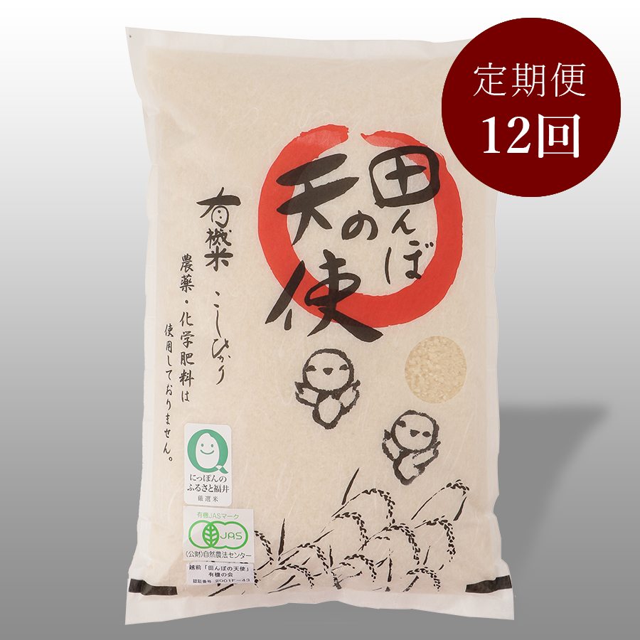 ＜田んぼの天使＞有機JAS認証　越前コシヒカリ5kg　12ヵ月定期便