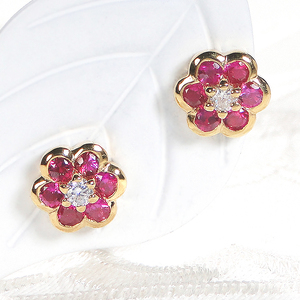 ピアス K18YG イエローゴールド ルビー ダイヤモンド 0.06ctフラワー 花モチーフ スタッドピアス【f266-k18yg-ru】 ALPAZ108