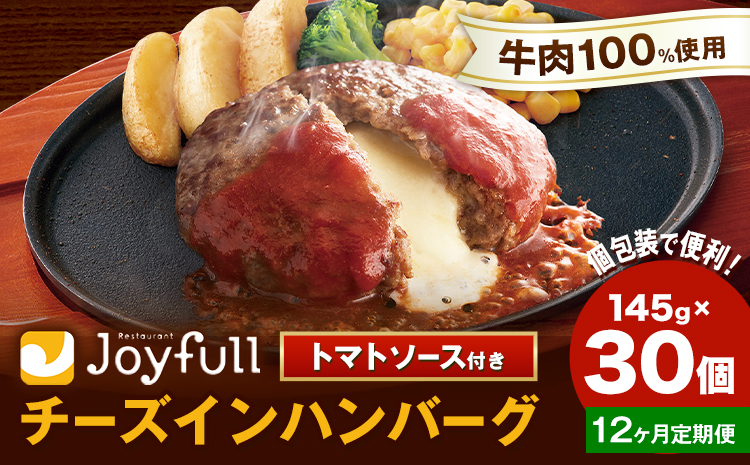 【12ヶ月定期便】ジョイフルハンバーグ チーズインハンバーグ トマトソース付 30個 1個145g 定期便 亀井通産株式会社《お申込みの翌月出荷予定》熊本県 菊池市 生ハンバーグ ソース付き 牛肉 ジ