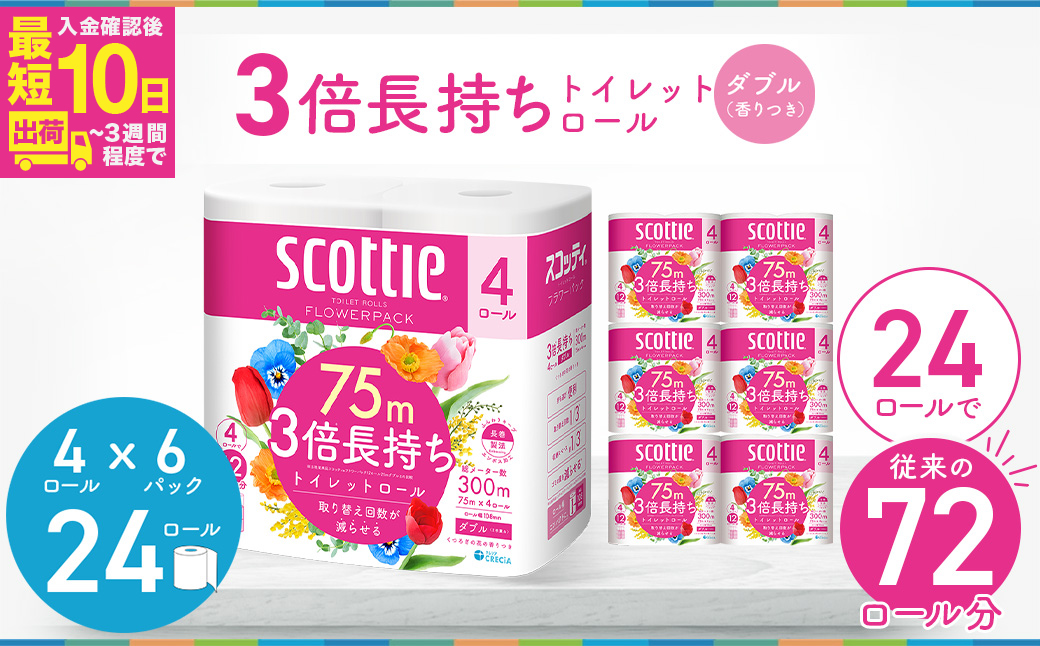 3倍長持ちトイレットロール スコッティティシューフラワーパック 4ロール×6P【入金確認後、最短10日～3週間程度に発送予定】