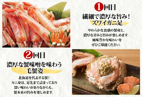 ■定期便■ 1584.蟹づくし 頒布会  全4回 ズワイガニ足 1kg 毛蟹 2尾 700g タラバガニ足 1kg ズワイ ポーション 500g むき身 かに 蟹 カニ ズワイガニ ずわいがに たらば