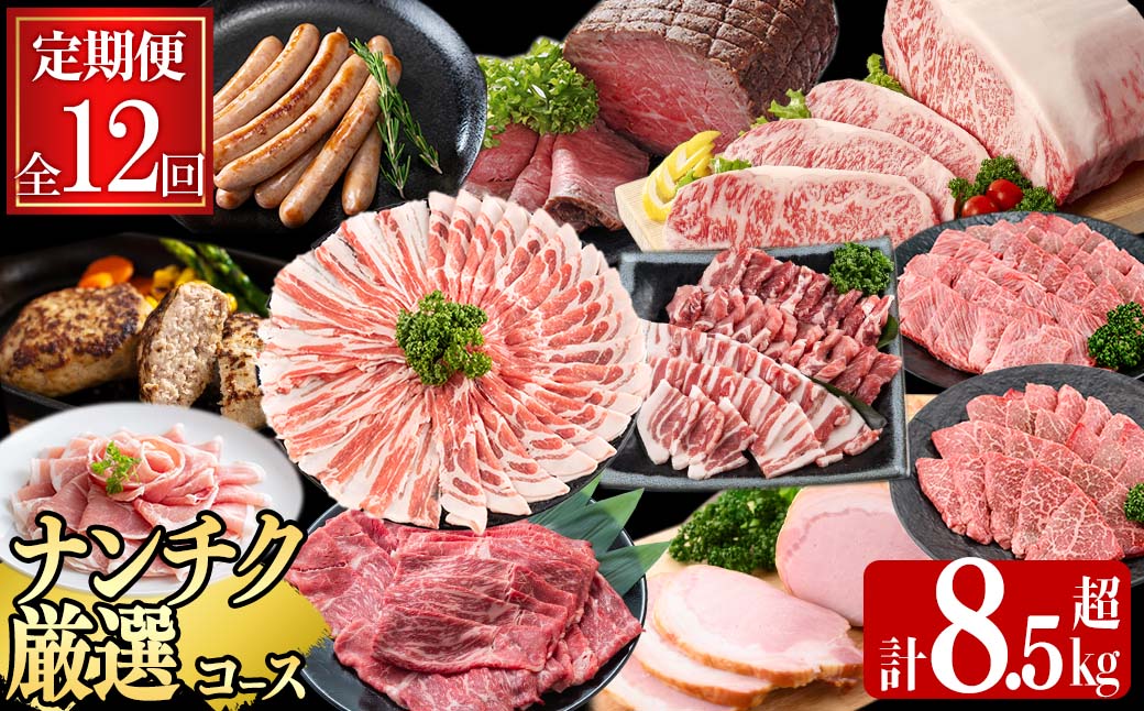 【定期便・全12回】ナンチクのお肉を楽しむ定期便！ナンチク厳選コース！ 総量8.5kg超! 牛肉 豚肉 鹿児島県産 国産 黒毛和牛 ステーキ すきやき しゃぶしゃぶ 焼肉 BBQ ウインナー ソーセージ ハム ローストビーフ 生ハム 定期便 t0165-002