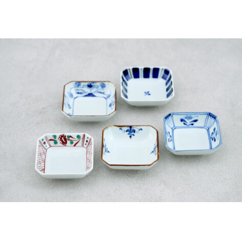 皓洋窯 有田焼 隅切小皿絵変わり5点セット 5枚 正方形 取り皿 食器 うつわ 器 ギフト 贈り物 A30-330_イメージ2