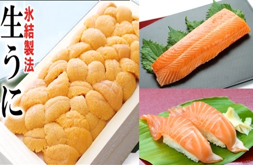
                  C-71031 冷凍エゾバフンウニ約100g×1折(赤系)・お刺身サーモン300g～500g(1～3本)[11月上旬以降発送]
                