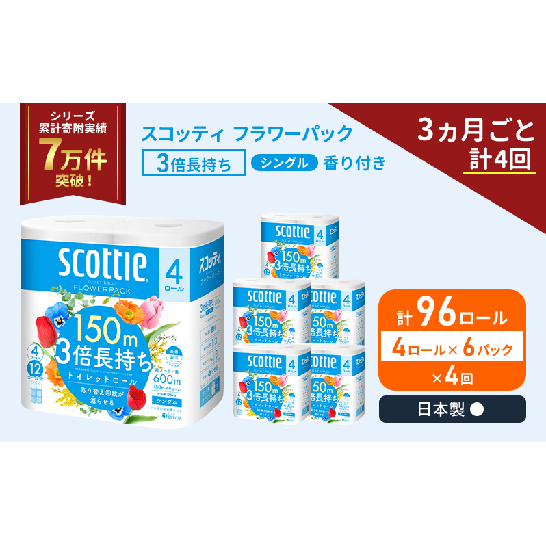 定期便 トイレットペーパー シングル スコッティ フラワーパック 3倍長持ち 96ロール ( 4ロール × 6パック ) 《 3ヶ月ごと 計  4回 》香り付き