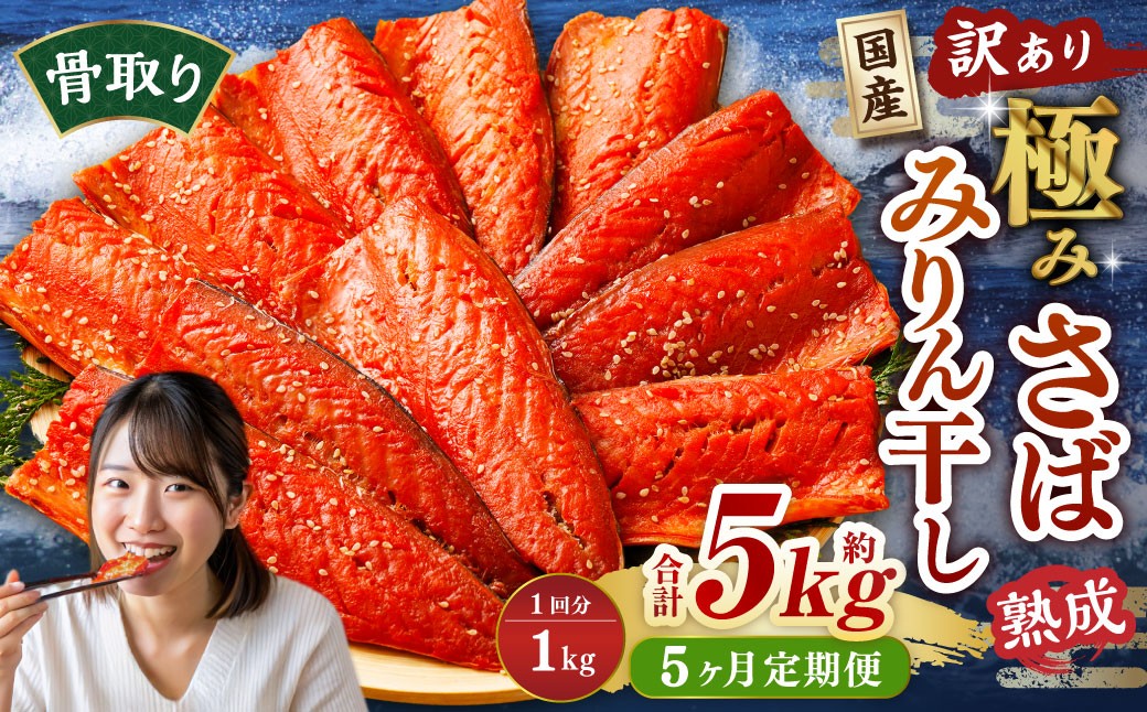 
            【5ヶ月定期便】【訳あり】国産 骨取り 熟成極みさばみりん干し 計約1kg ／ 1切れ さばみりん干し みりん干し 干物 ひもの さば サバ 鯖 魚
          