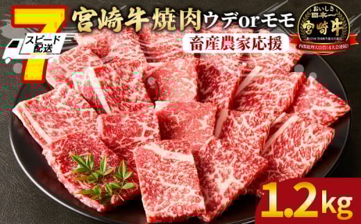 【畜産農家応援】＜宮崎牛 赤身焼肉 2パック（1.2kg）＞7営業日以内に順次出荷【 国産 黒毛和牛 牛肉 牛 精肉 スライス 赤身スライス ウデ肉 モモ肉 4等級以上 ブランド牛 赤身 旨味 贈答品 ギフト 贈り物 プレゼント 化粧箱 グルメ ミヤチク 宮崎県 国富町 】