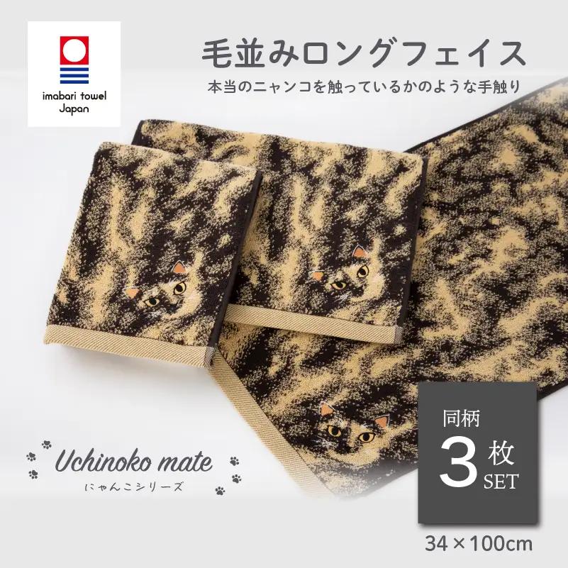 （今治タオル）Uchinoko mate にゃんこシリーズ 毛並みロングフェイスタオル３枚セット（錆／トーティシェル）