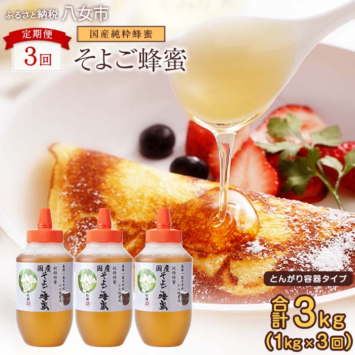【全3回】 定期便 かの蜂 国産 そよご蜂蜜 合計3kg（とんがり容器1kgを毎月1本お届け）