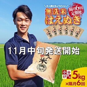 SM0025　11月中旬発送開始／【隔月6回定期便】無洗米はえぬき　5kg×6回(計30kg)　農家直送『いいあん米』AG