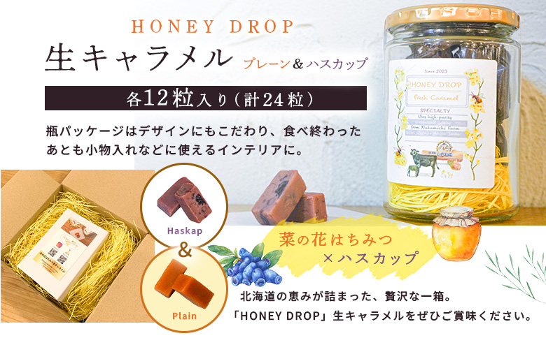 【HONEY DROP】菜の花はちみつ生キャラメル(プレーン・ハスカップ)2ダース（24粒入り）【750003】